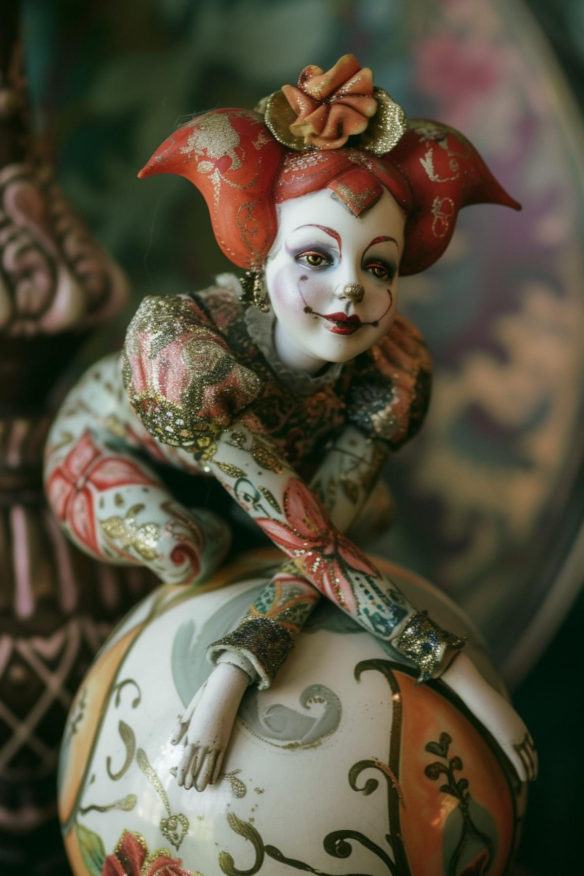 Beautiful porcelain acrobat doll on a ball, bright rich colors, grunge style