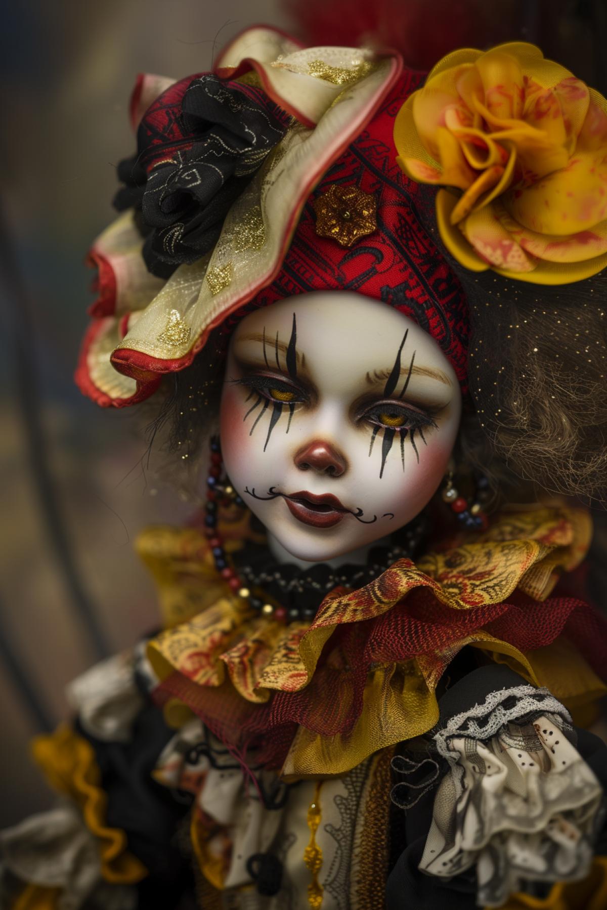 Beautiful porcelain clownery doll, yellow red color, rich colors, Gothic style