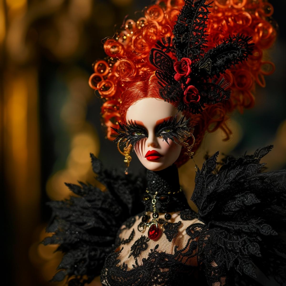 Fashion Royalty style fashion doll character high end collectible couture wardrobe by Alexander McQueen T-4k runways shot catalog photography Canon camera Velvia 500 film cinematic Giallo lighting v 6.0 chaos 10