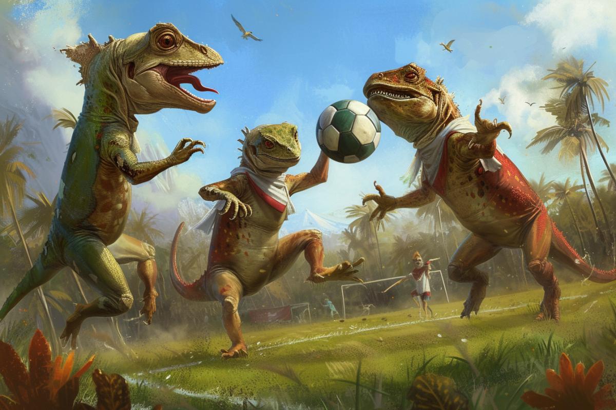 anthropomorphic lizards play football