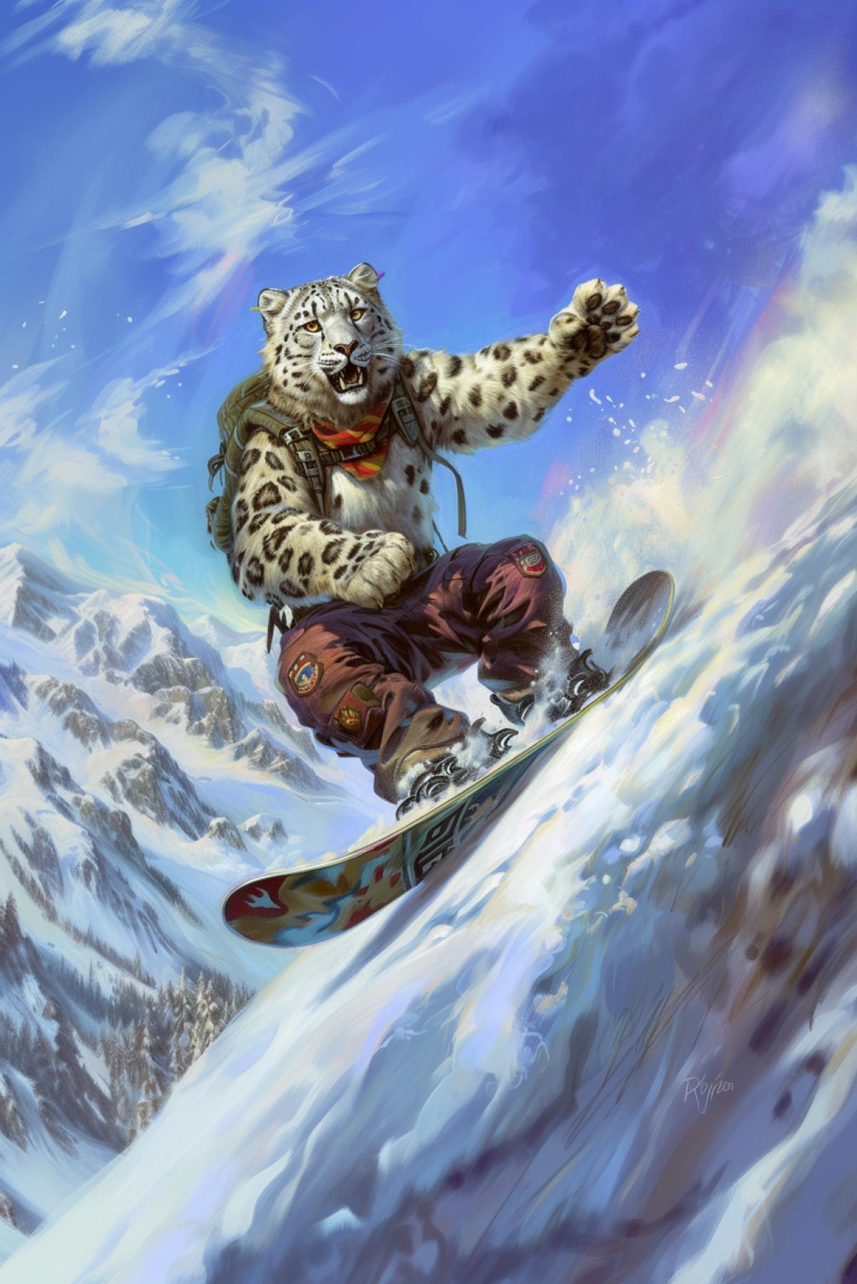 Snow leopard in the form of a human snowboarder, rich colors