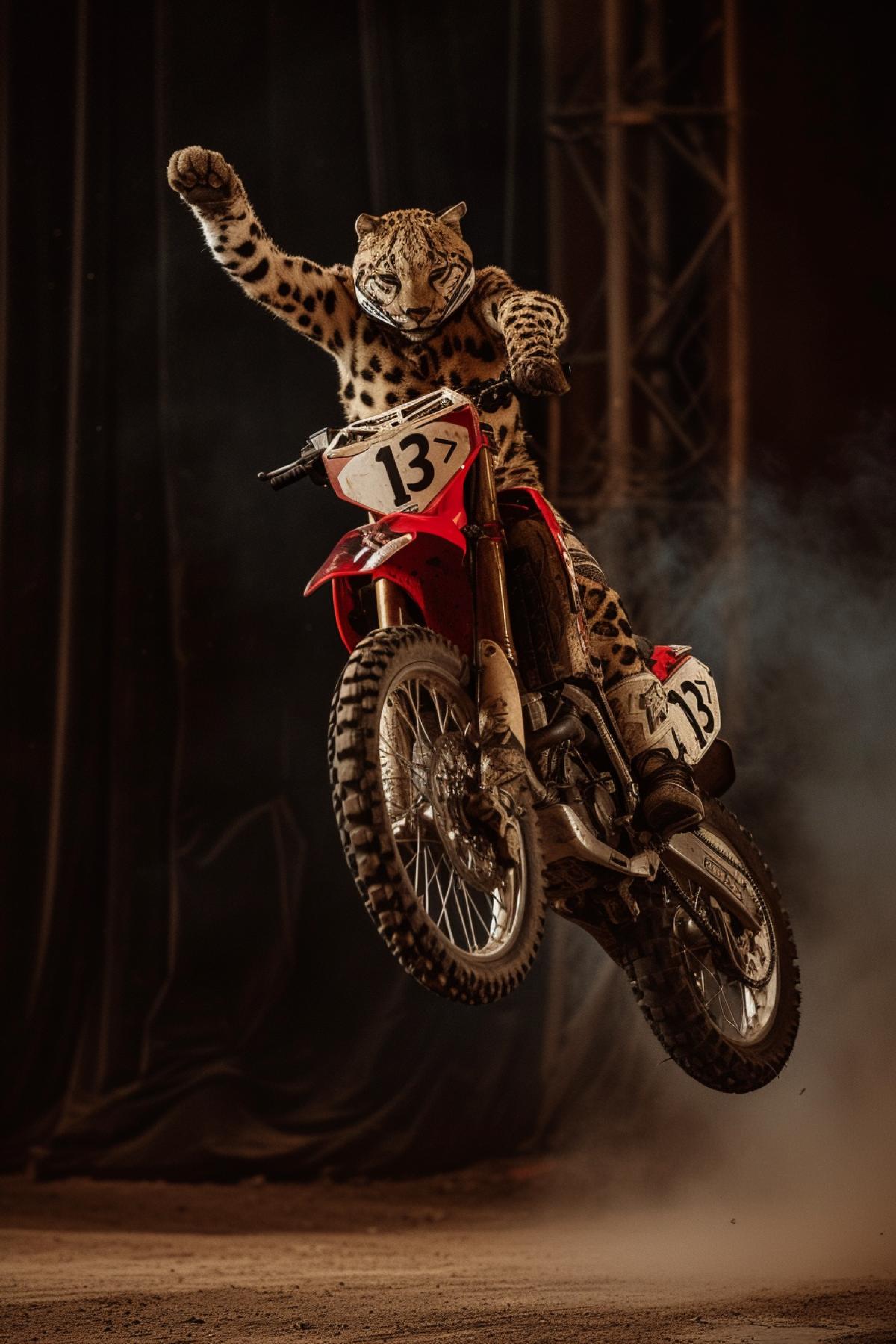 dark aggressive cougar riding red motorbike with number plate \"13\" up high in air low side view on the background of dark velvet