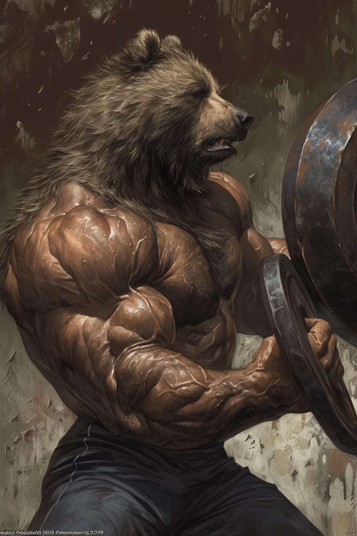 Bear weightlifter, heavy lift, muscles, coolity, by Gerald Brom, dark fantasy style,in dynamics, highly detailed, packed with hidden details, style, high dynamic range, hyper realistic, realistic attention to detail, highly detailed, 32K, intense close ups, uhd image, realism, colorful realism