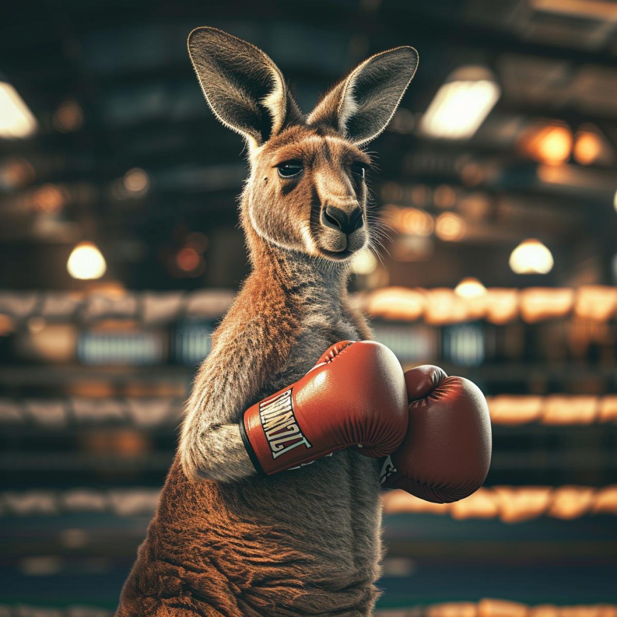 Funny kangaroo boxer standing sideways in a boxing ring wearing boxing gloves, preparing for a fight, photo, atmospheric, beautiful light