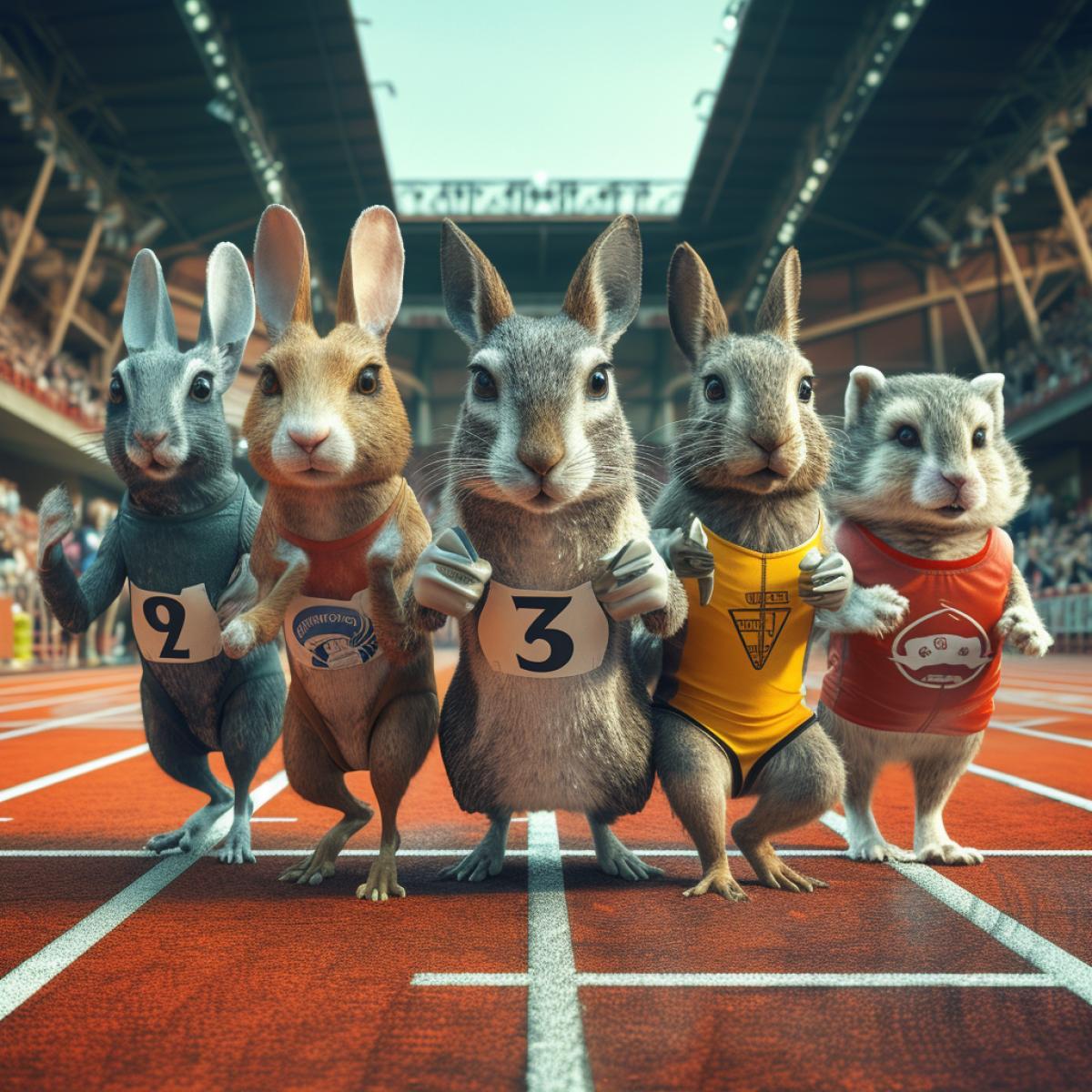 Animals in sportswear for running standing at the start of a running competition in the stadium