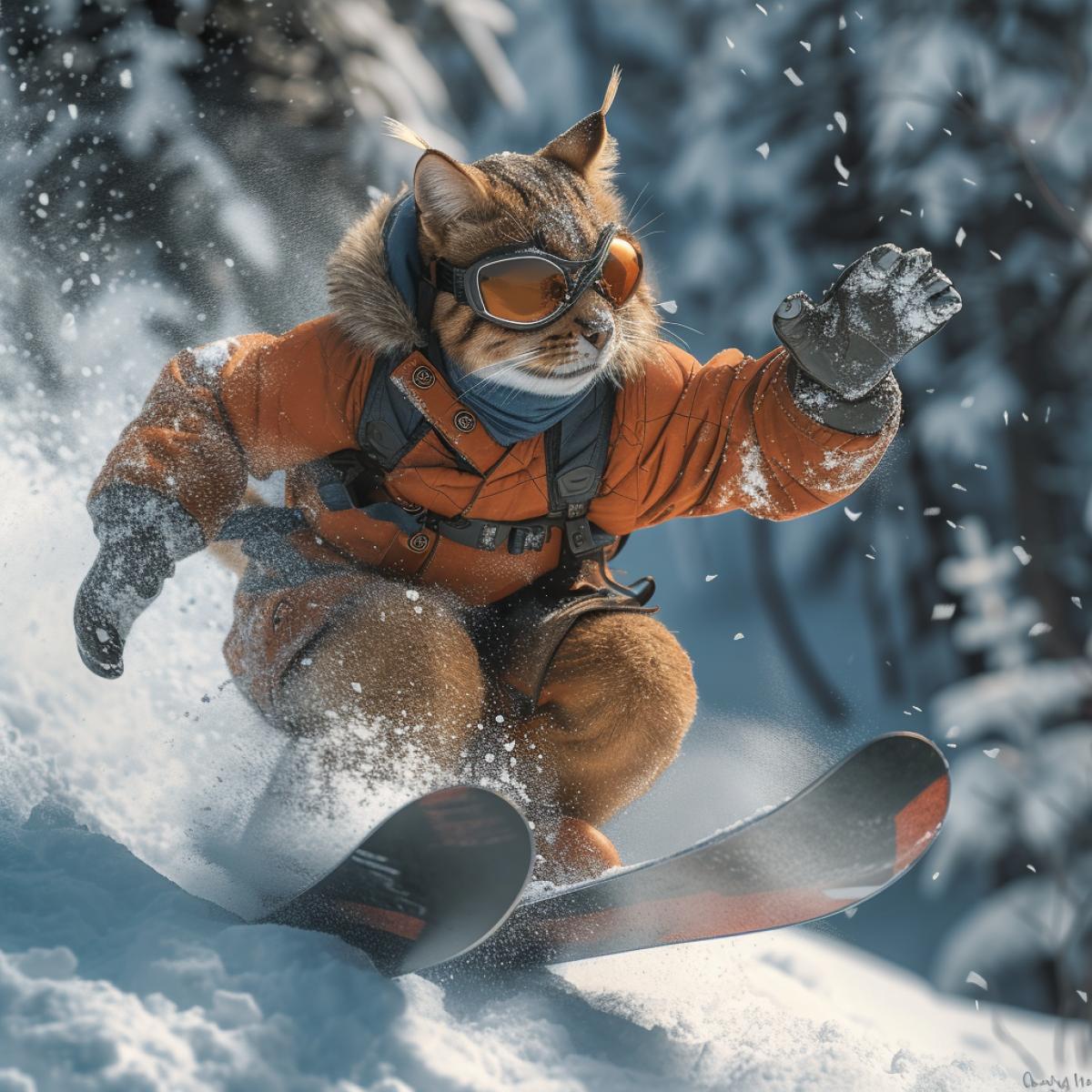 anthro pseudodragon cat, snowboarding, Sony A7 60mm f1.8 ar 6:4 v 6