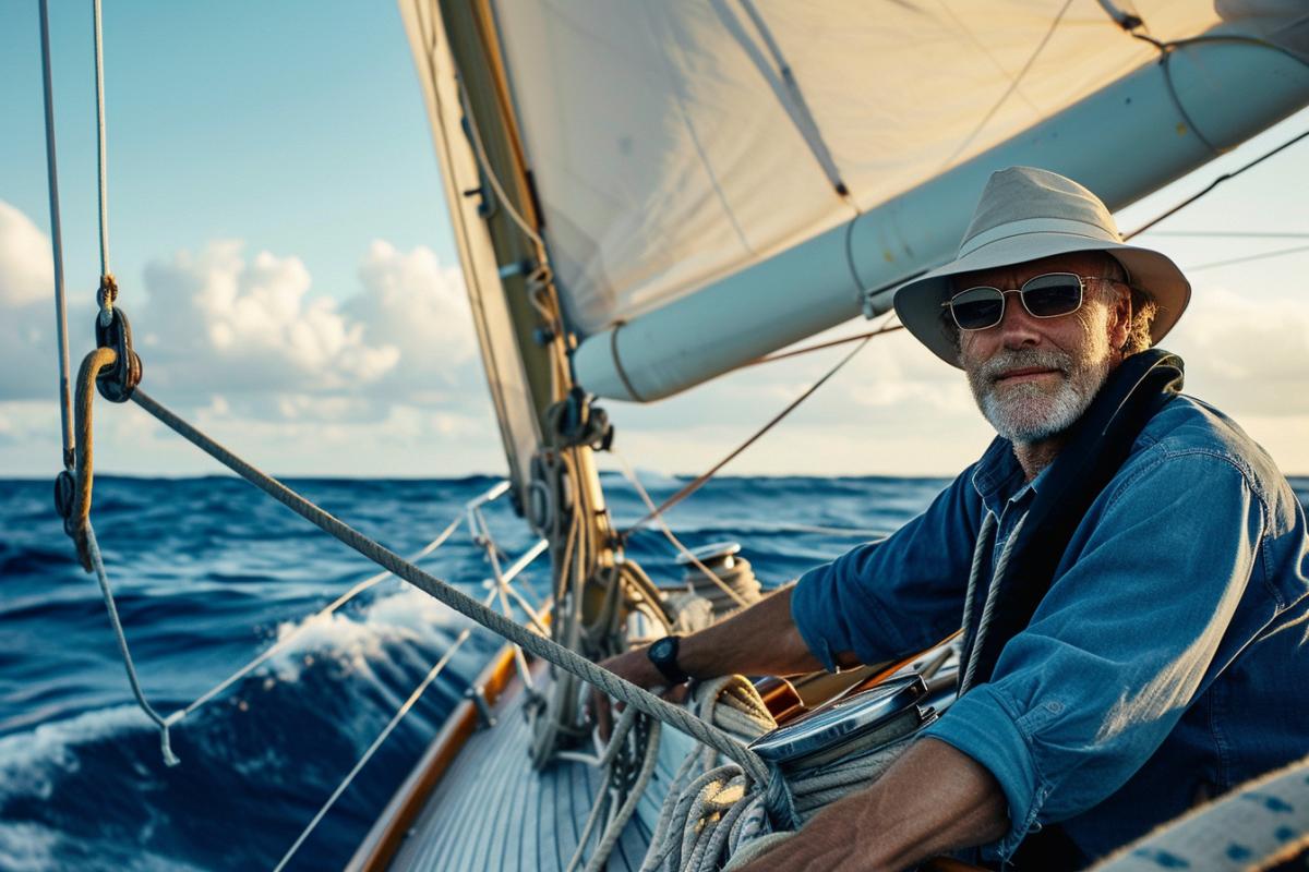 Realistic photo of a beautiful sailing yacht, driven by a stylish man