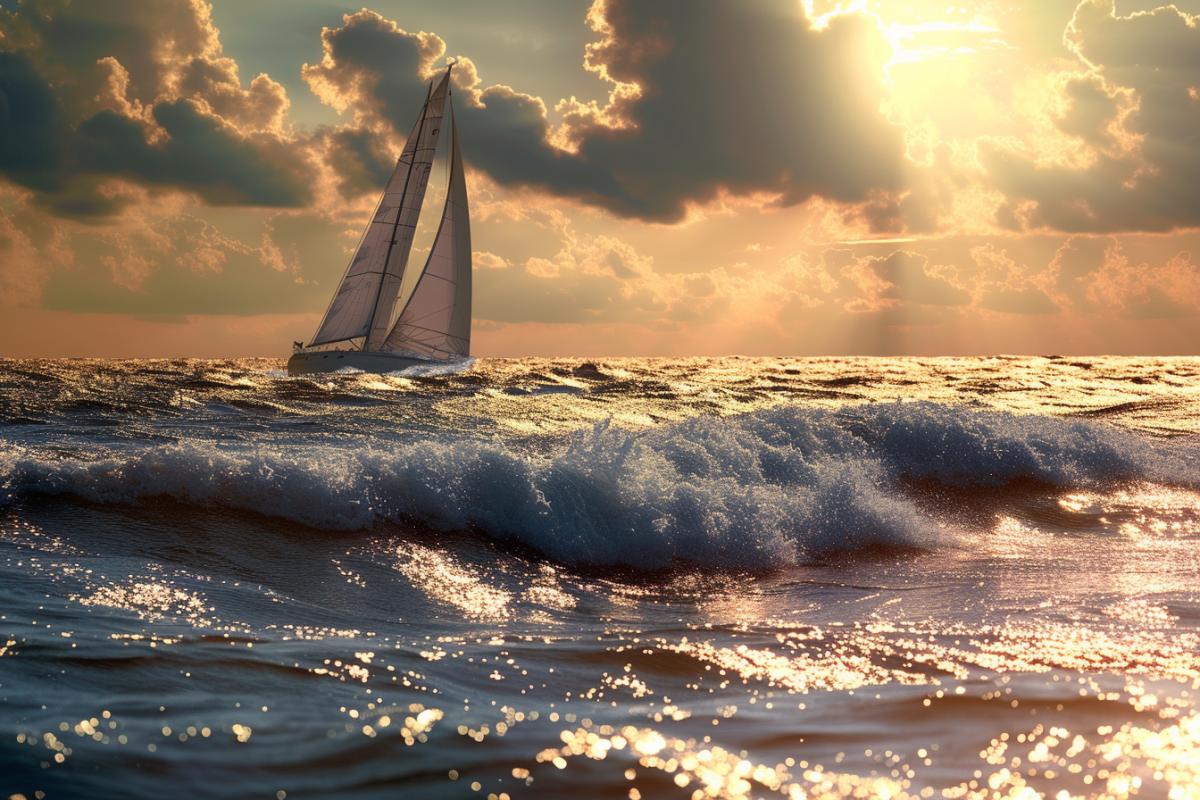 A beautiful sailing yacht sails on the sea, through the waves, the sun glitters beautifully on the water