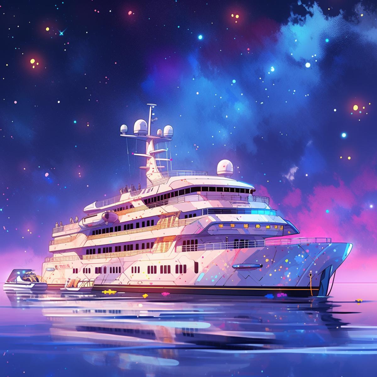 Luxurious space yacht, faraway stars and galaxies in the background