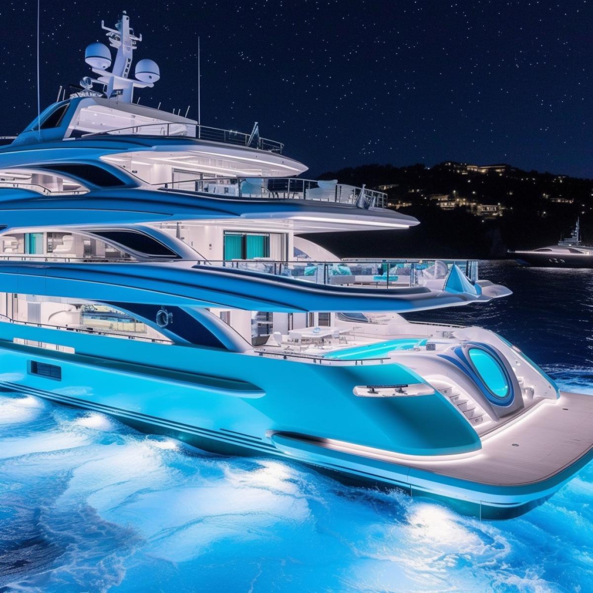 Luxurious space yacht, faraway stars and galaxies in the background