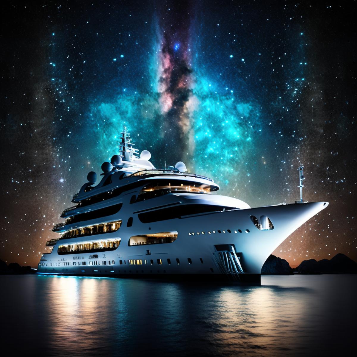 Luxurious space yacht, faraway stars and galaxies in the background