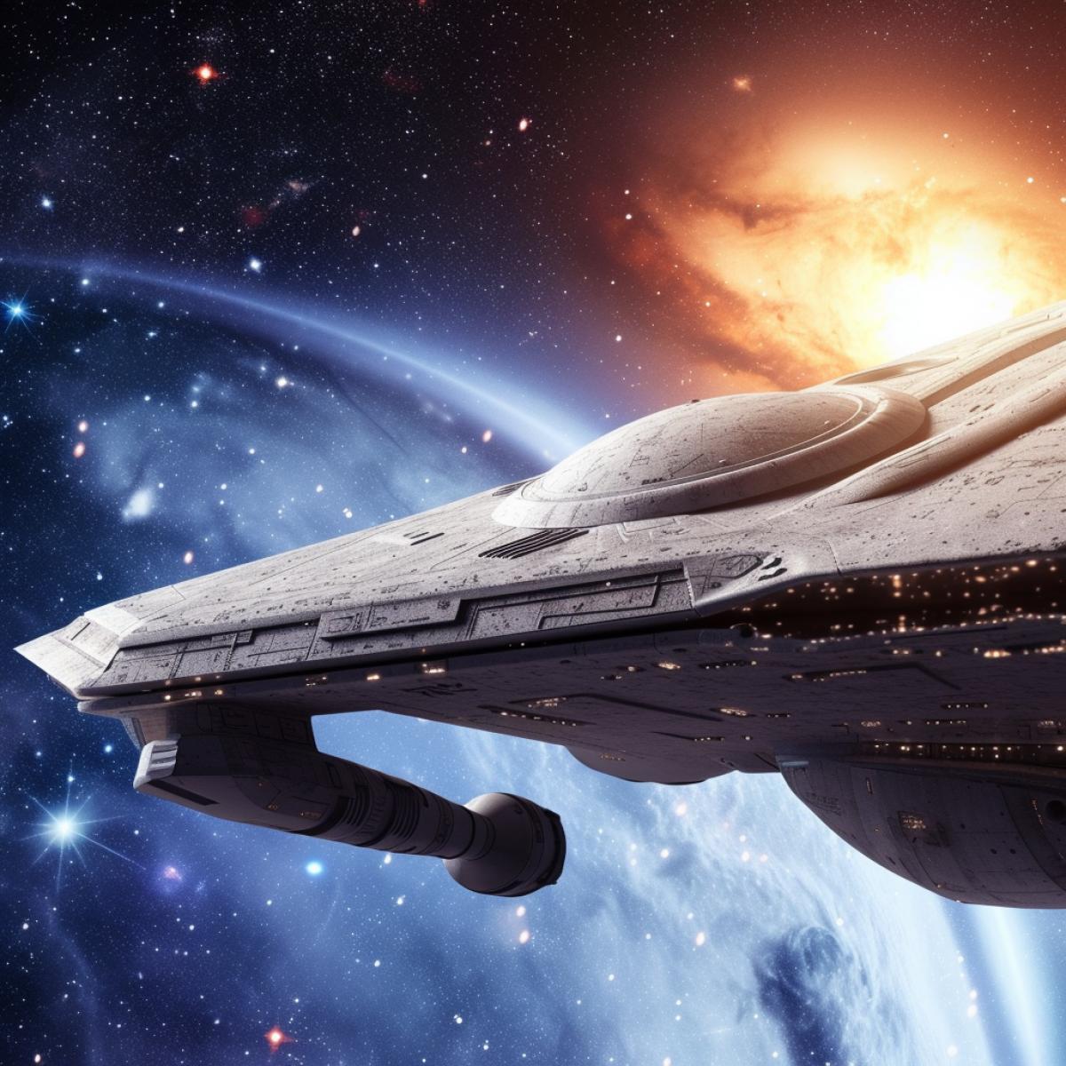 Luxurious space yacht, faraway stars and galaxies in the background