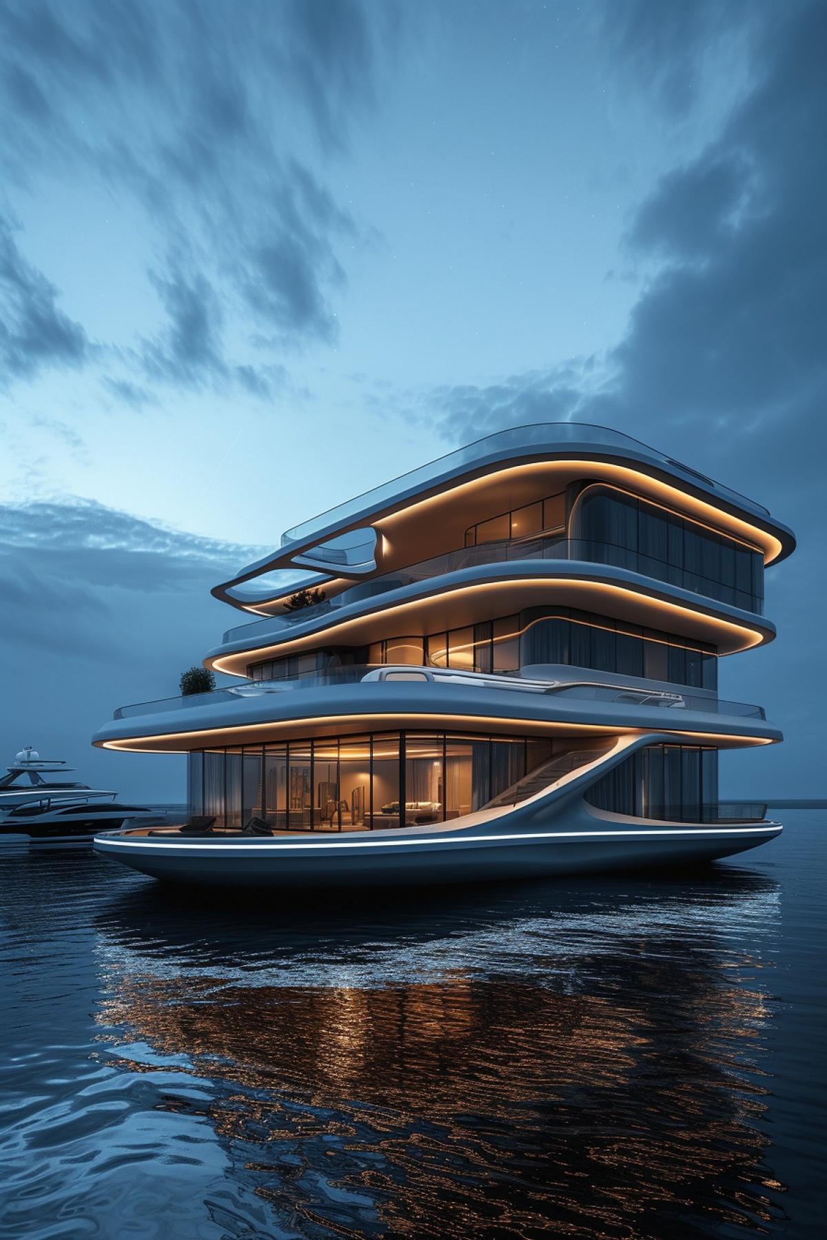 Multi-storey yacht, minimalism, rich colors