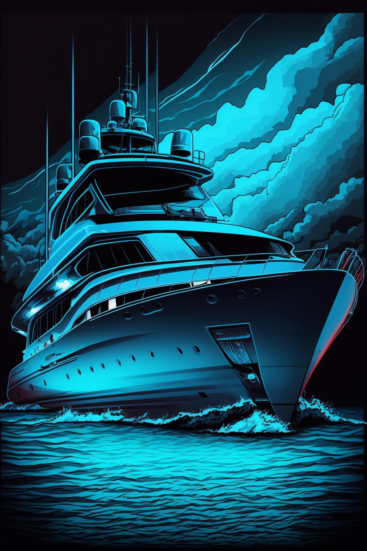 vibrant blue yacht, cartoon cute 2d, beautiful colors, contrast with dark background, style raw