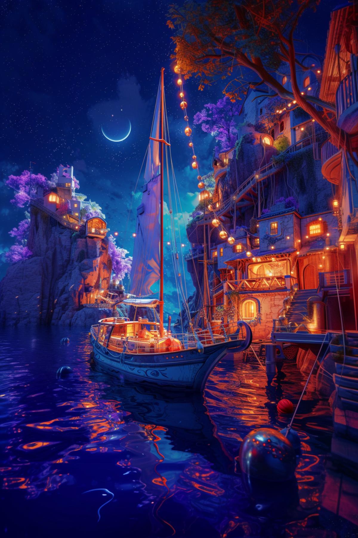 dream yacht, magical world, rich colors, good spirits and ghosts