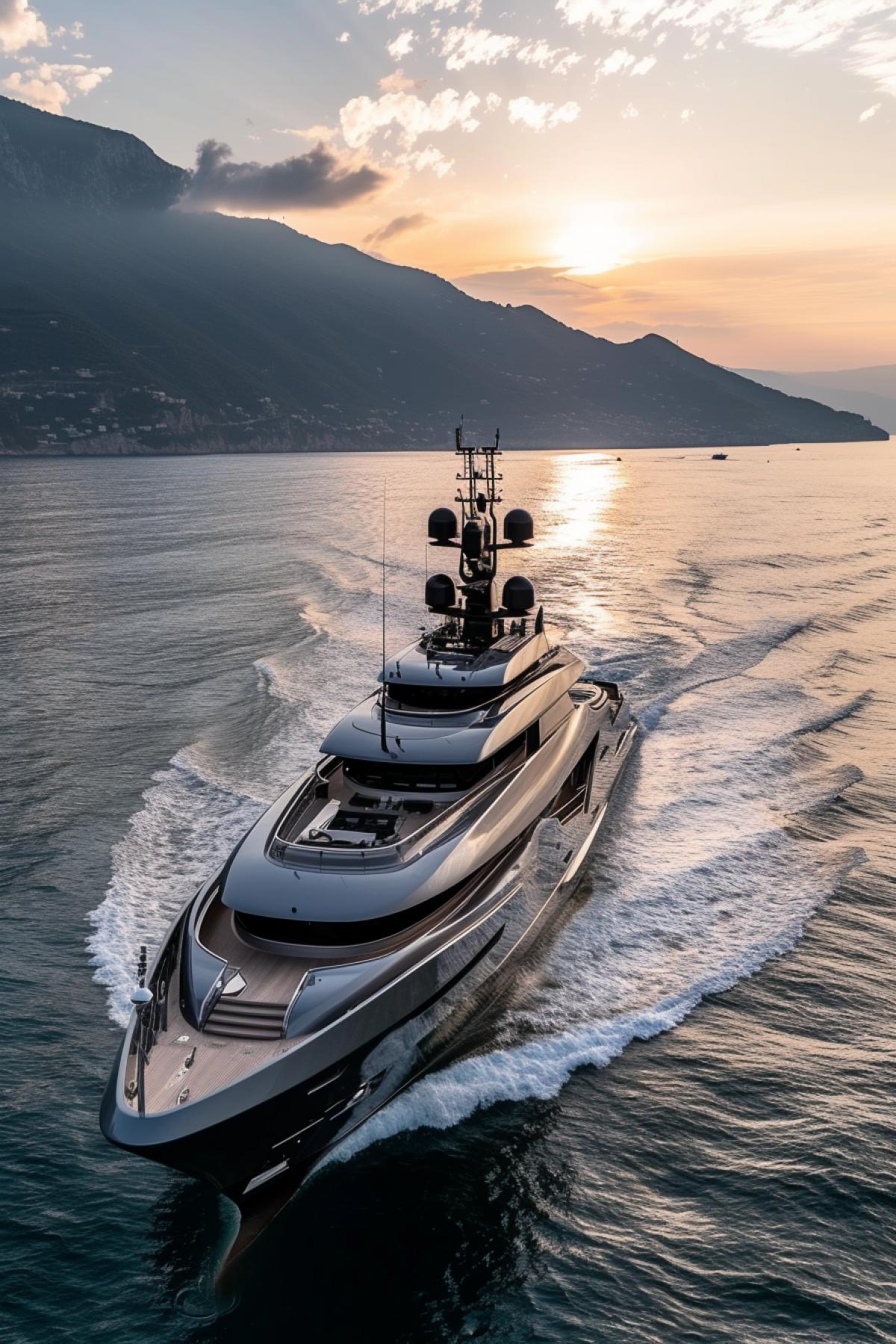 The silver yacht sails off into the sunset, beautiful colors, style raw