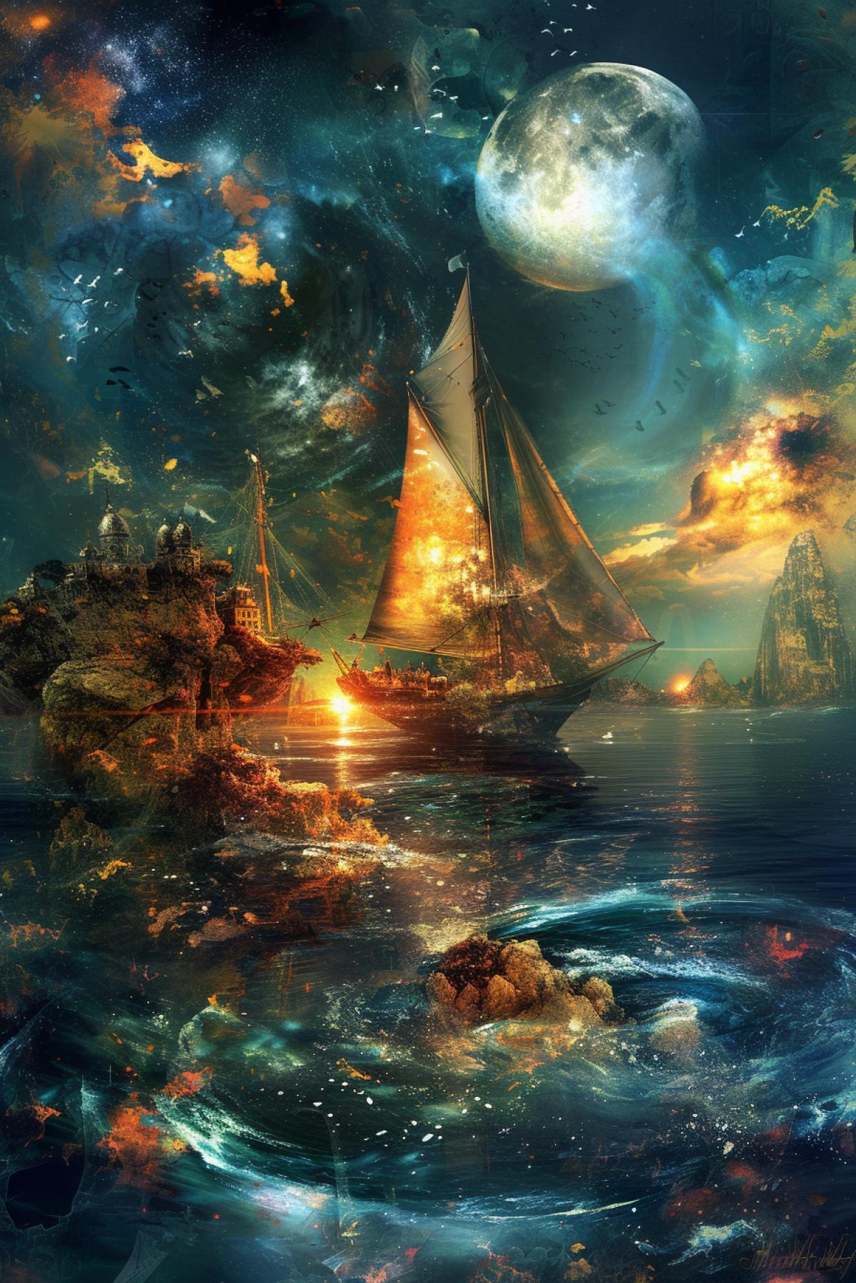 beautiful Devils Yacht, spirits and ghosts, Parallel world, rich colors. Fairytale world