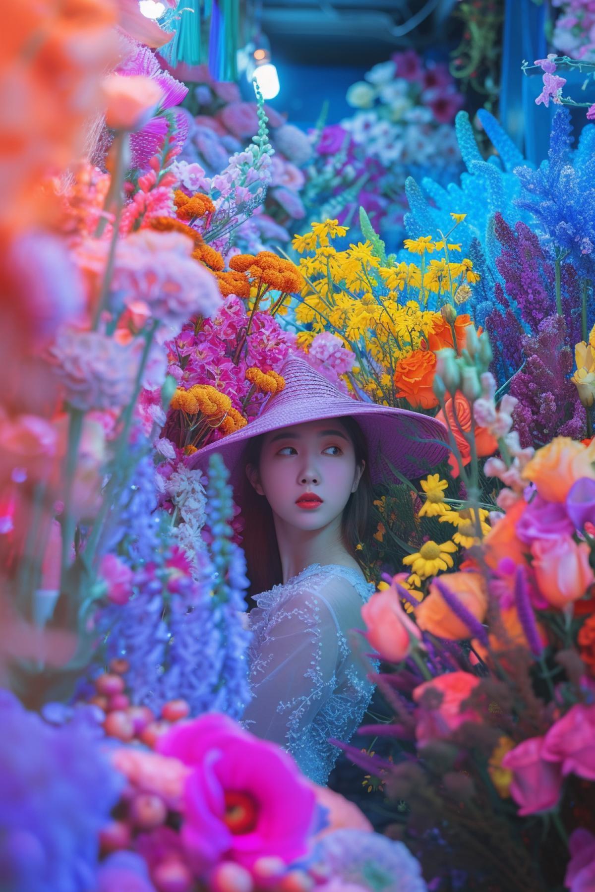 Futuristic bizarre extraterrestrial flowers boutique plenty of big bouquets vibrant colours beautiful 23-year-old seller greeting