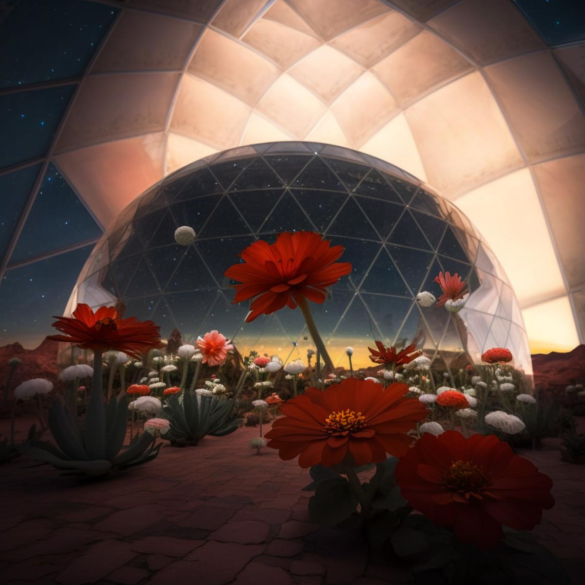 Flower fair on Mars under the transparent dome , aliens are amazed by the beauty and variety of beautiful terrestrial and extraterrestrial plants, stars and faraway galaxies all over the dome