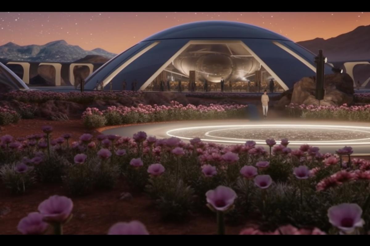 Intergalactic Flower fair on Mars under the transparent dome, aliens are amazed by the beauty and variety of beautiful terrestrial and extraterrestrial Flora, stars and faraway galaxies all over the dome