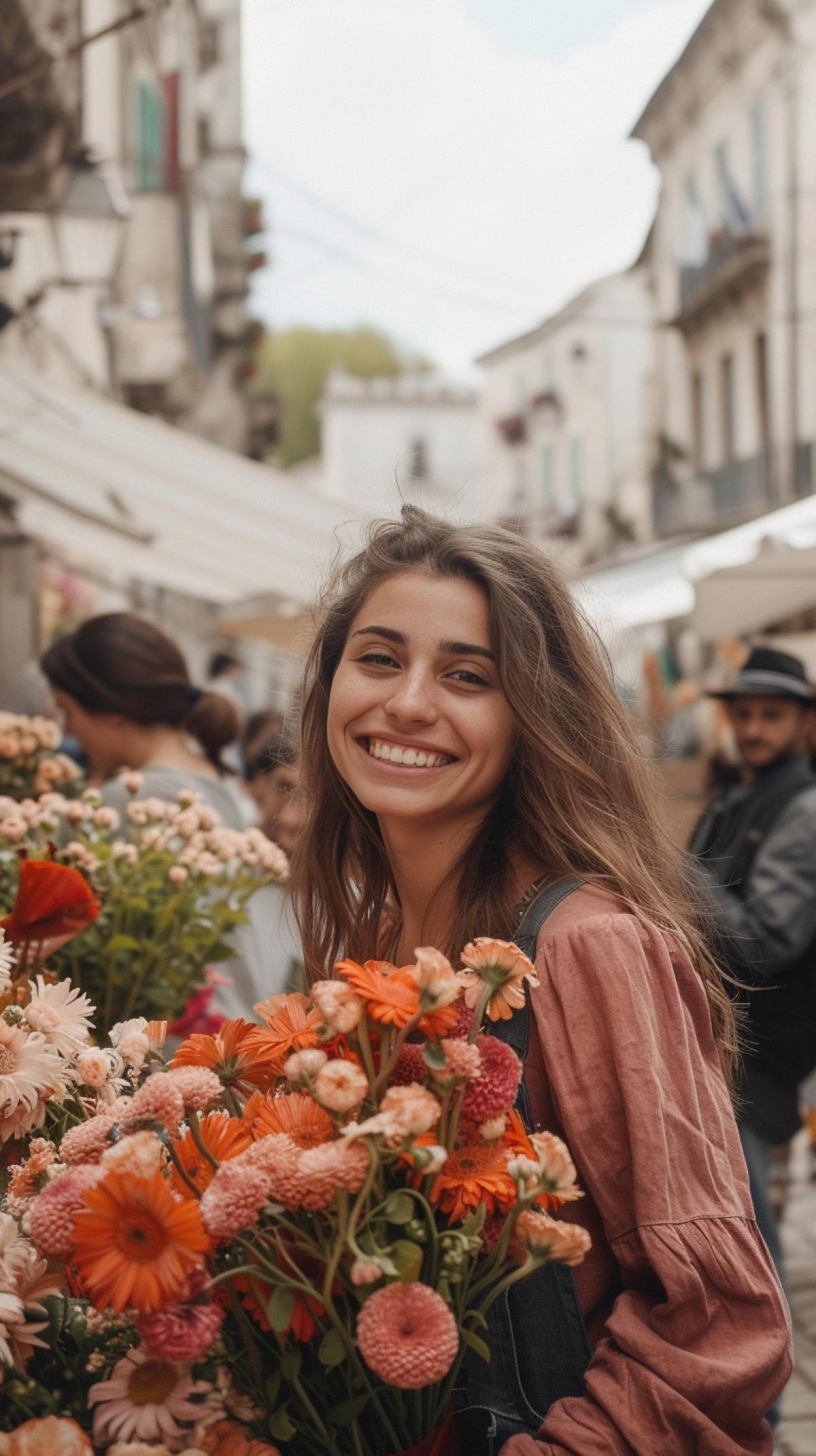 Street seller of fresh flowers, smiling, selling bouquets of flowers, a large queue of people, a beautiful place for selling flowers