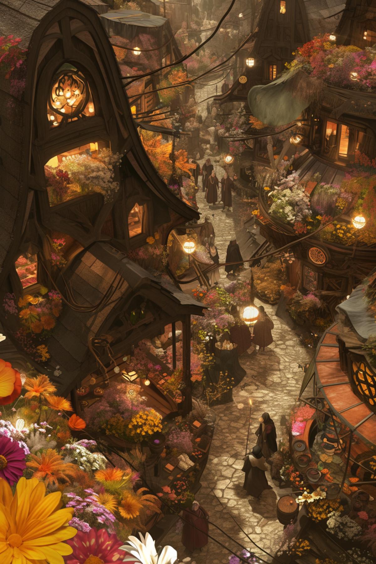 medieval fantasy, fairy flower fair, streets of fairy flowers, top view, birds eye, by Gerald Brom,in dynamics, highly detailed, packed with hidden details, style, high dynamic range, hyper realistic, realistic attention to detail, highly detailed, 32K, intense close ups, uhd image, realism, colorful realism