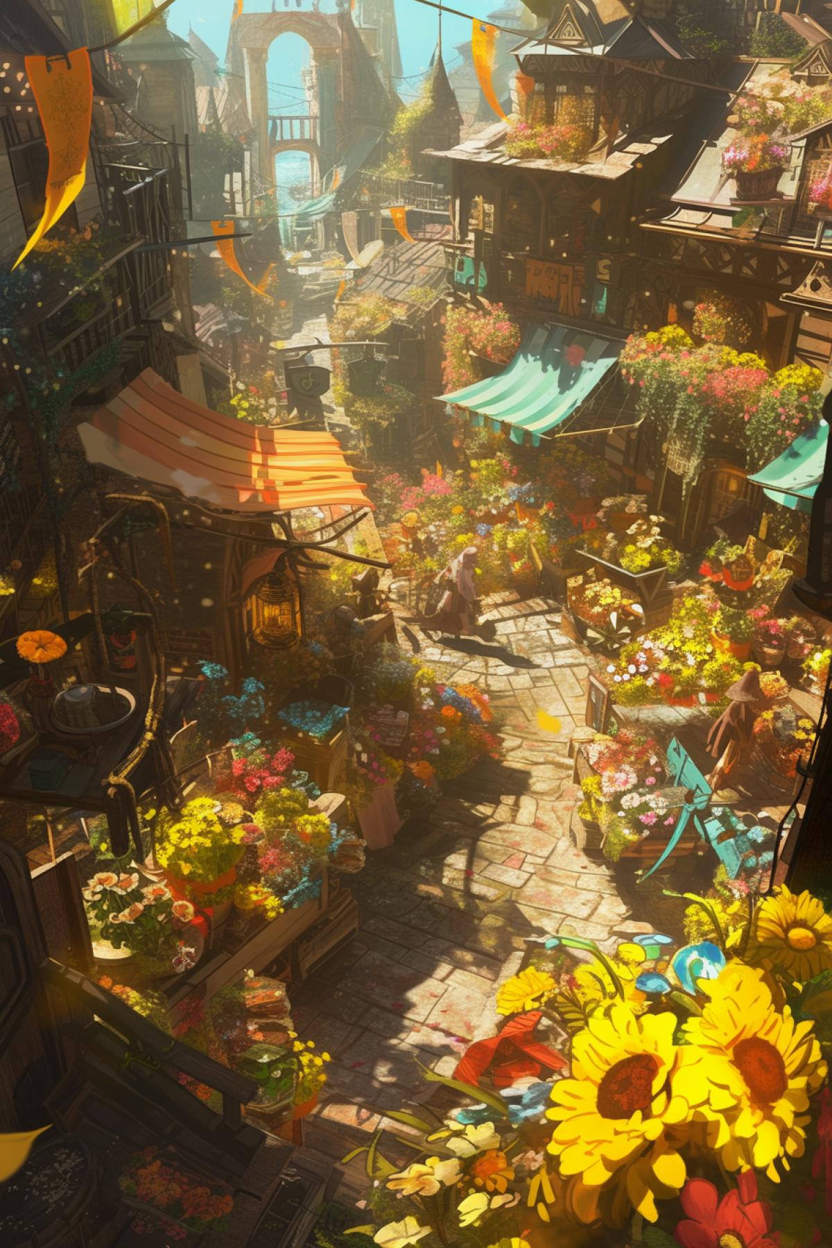 medieval fantasy, fairy flower fair, streets of fairy flowers, perspective effect, top view ,in dynamics, highly detailed, packed with hidden details, style, high dynamic range, hyper realistic, realistic attention to detail, highly detailed, 32K, intense close ups, uhd image, realism, colorful realism
