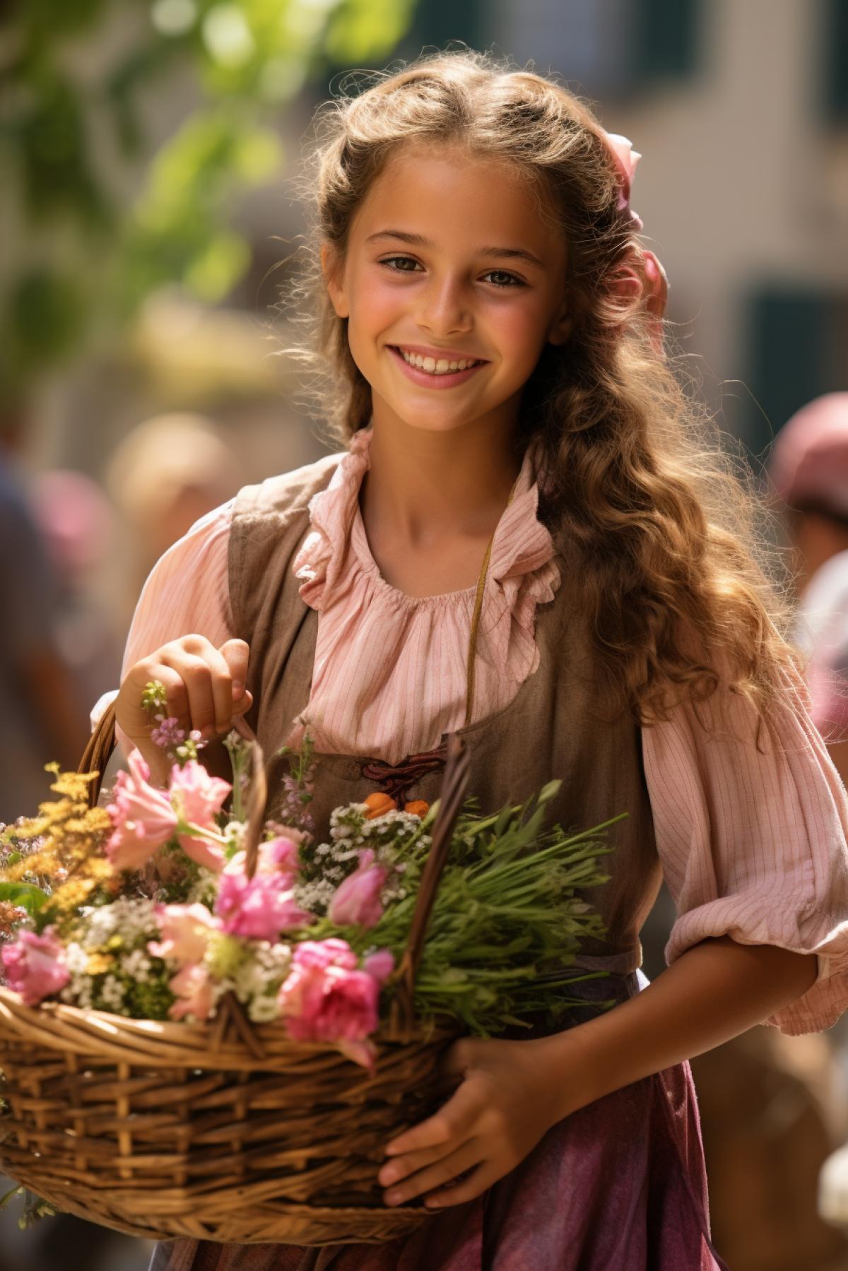 Girl with a basket of flowers at a flower fair in Provence