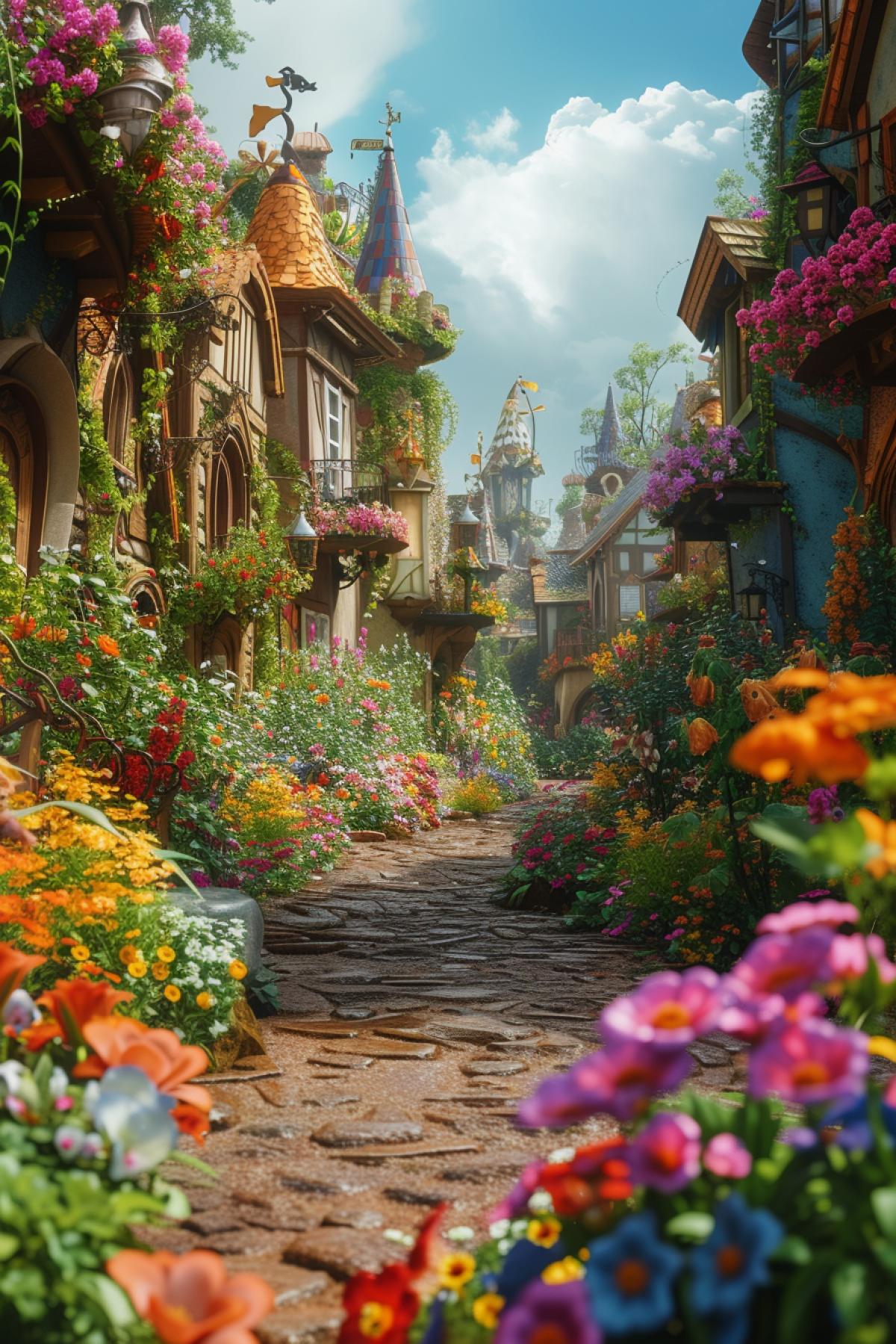 Flower fair in the fantasy city of gnomes, frame from a blocker