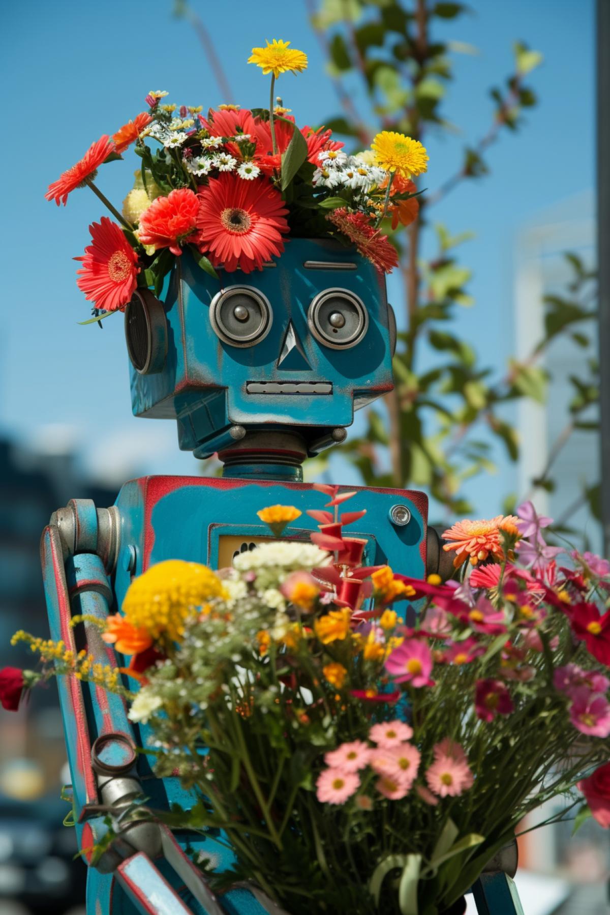 Retro robot sells flowers at a flower fair