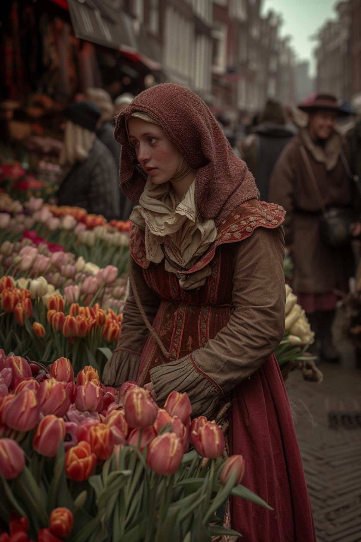 Market of tulips in medieval Holland hundred buyers in dirty medieval clothes and bright multicolour wonderful tulips