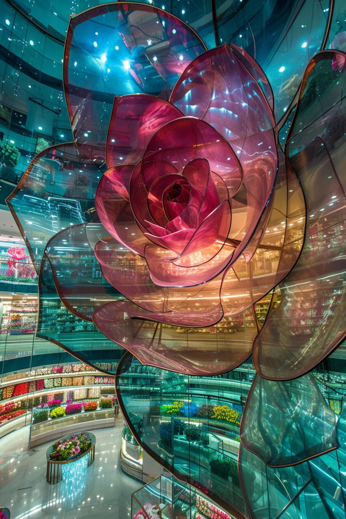 Flowers supermarket building in shape of giant rose built of transparent glass every storey is seen through the walls million multicolour flower bouquets on shelves inside architectural photo