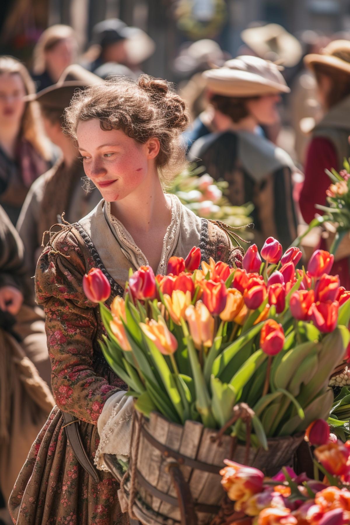 Market of tulips in medieval Holland hundred buyers in dirty medieval clothes and bright multicolour wonderful tulips sunny day