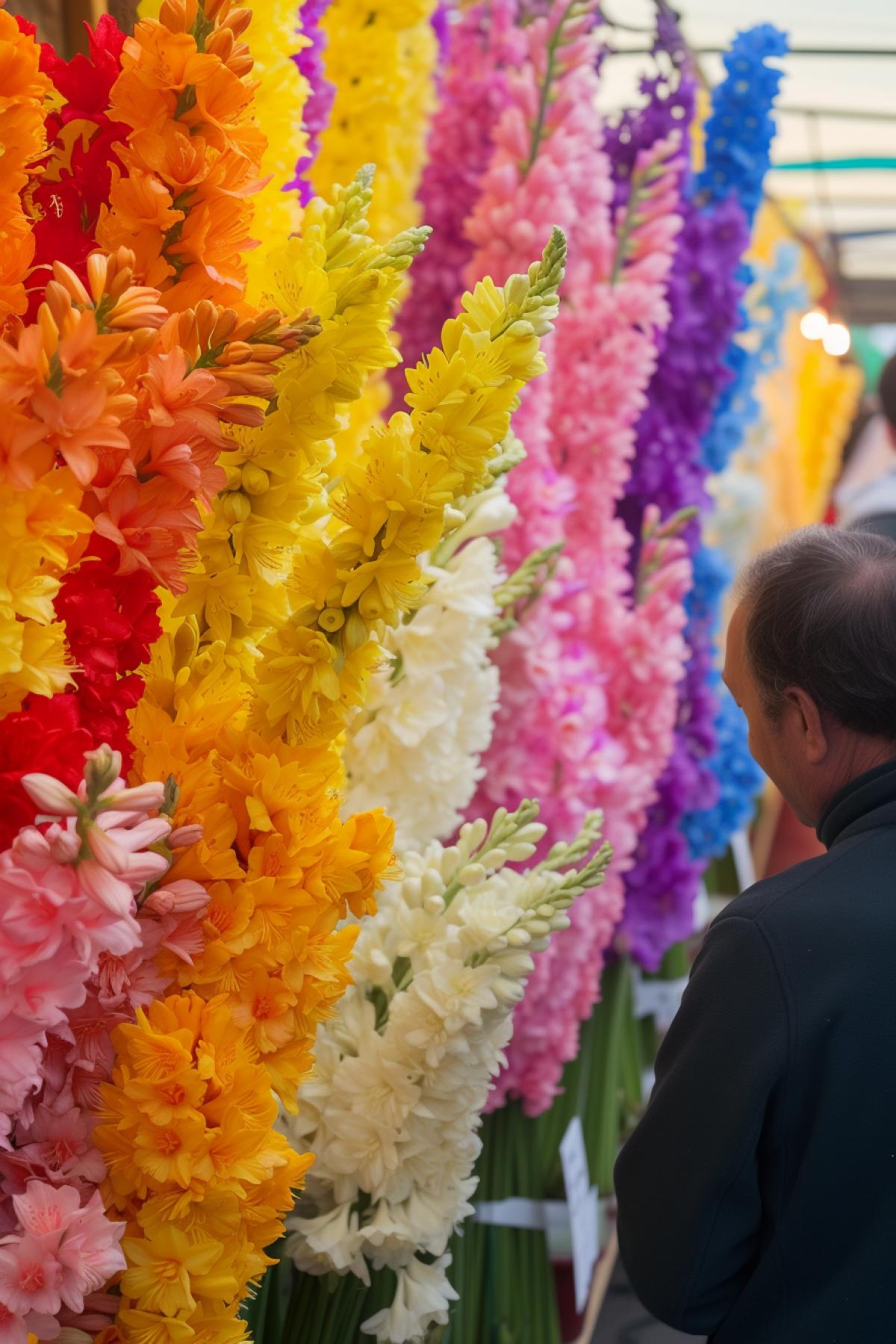 Fair of giant beautiful flowers seekers and visitors bright colours