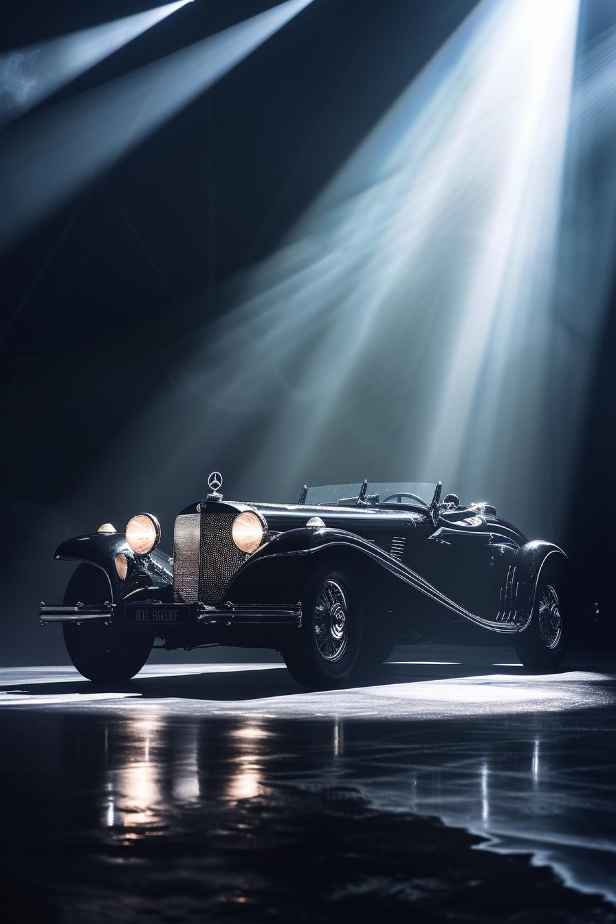Benz-patent motorwagen on podium full size three fourth low view gloss and shine cinematographic light professional photo