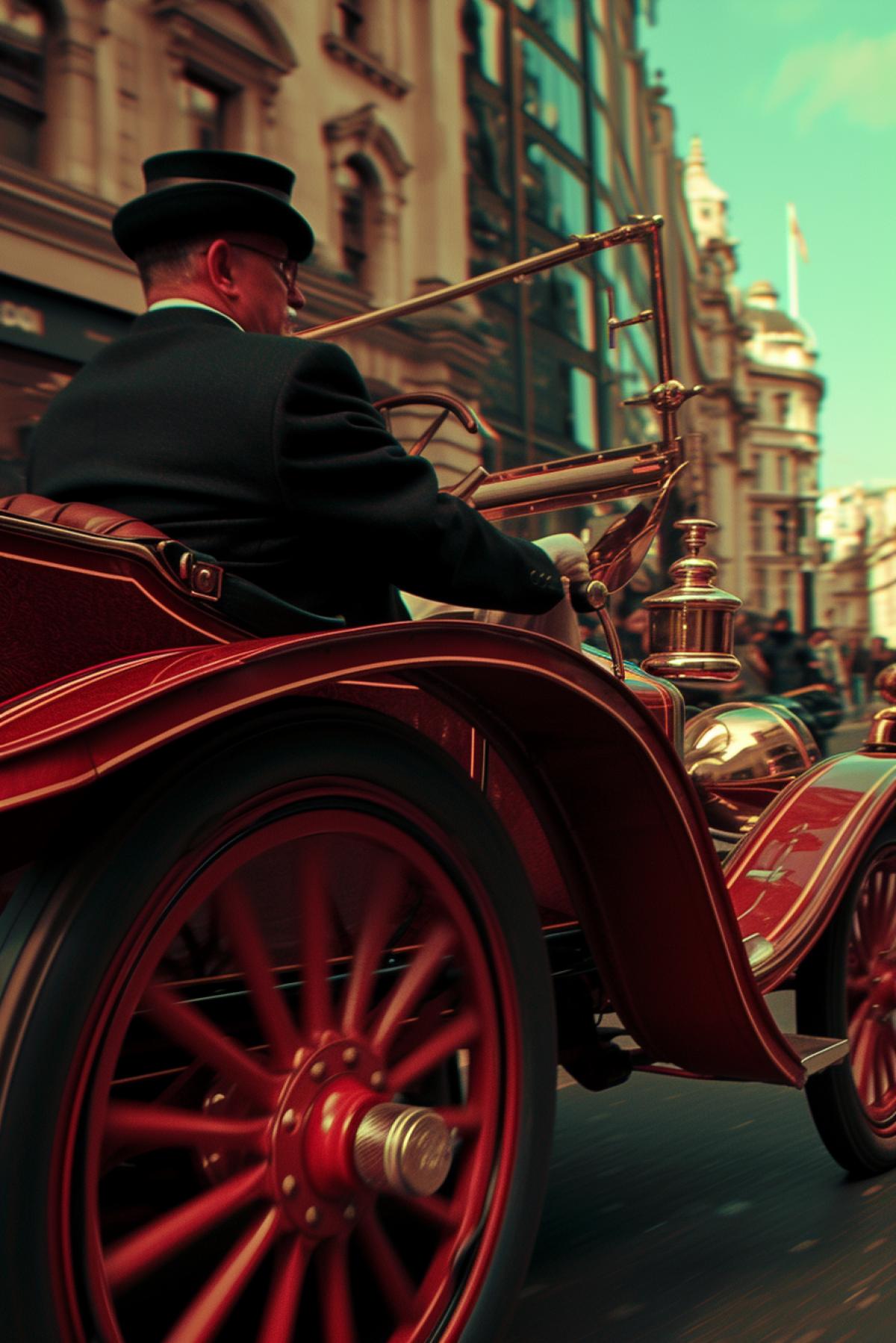Alternative reality Victorian London gentleman driving retro car full size gloss and shine red wheels copper molding sunny day detailed photo