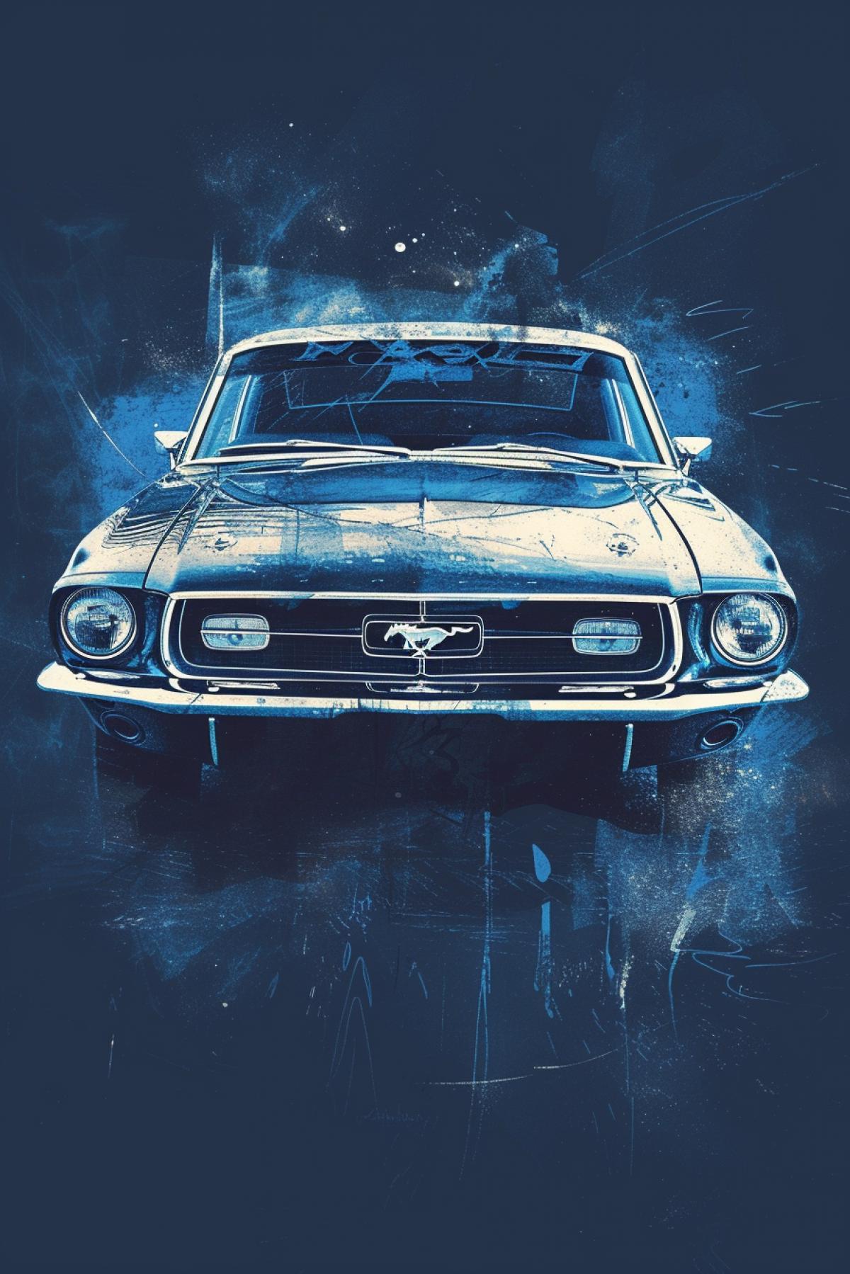 Retro car Mustang, rich colors, blue color, dark color, white color, Mustang logo, poster