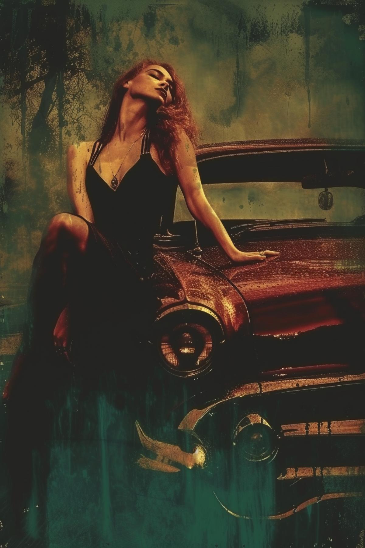 retro car, pin and up girl, poster, rich colors, gothic style