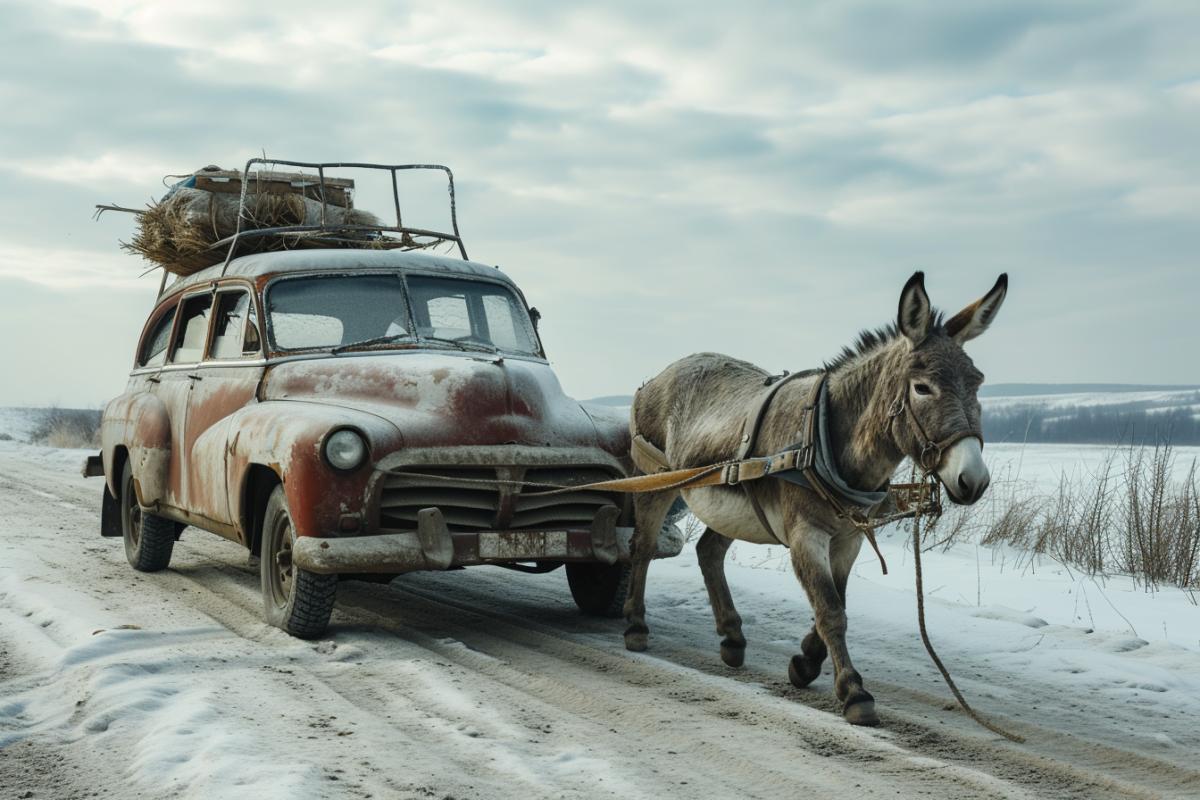 A donkey in a harness pulls an old Zaporozhets car, photorealism, dynamic
