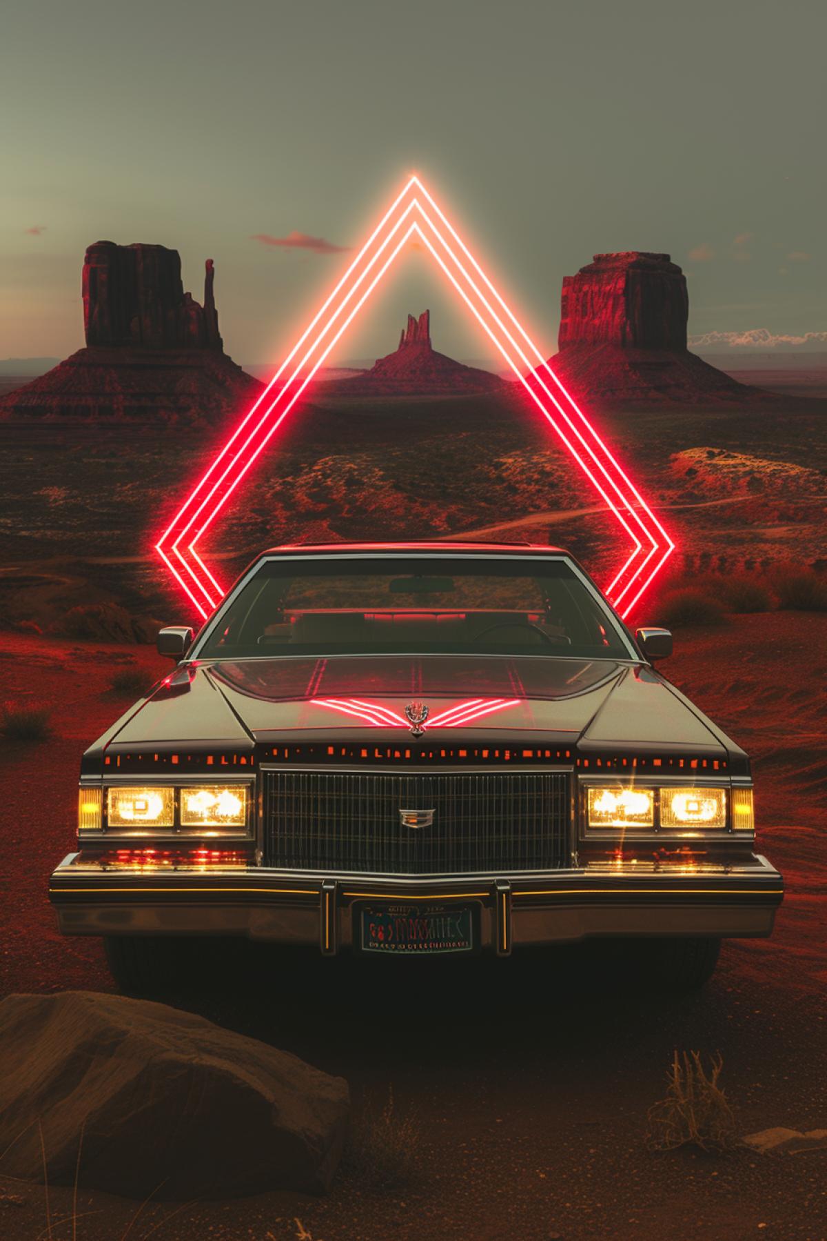 A montage of a Cadillac Eldorado, each showing intense concentration. The background is a minimalist desert scene with bold, geometric patterns. The poster uses a light dark and red color scheme and features Oshare Kei-inspired