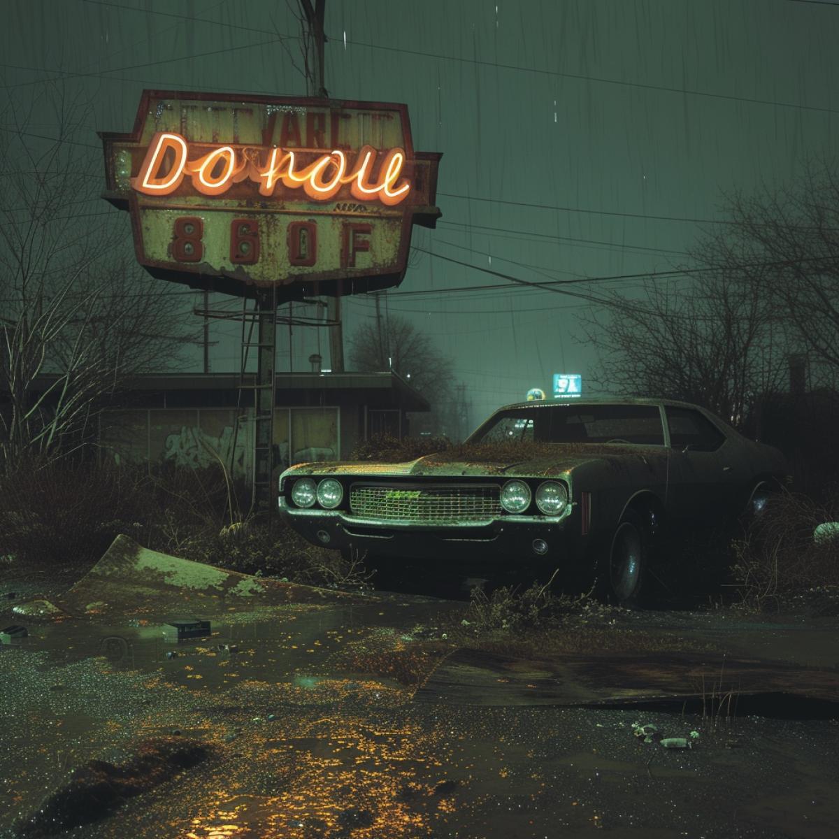 Epic tornado, abandoned vintage retro signage in strong rain, muscle cars 1970s, horror, lightning, thunder, scary night neon lighting, urbex, decay, rusty, overgrown, after the sunset, volumetric lighting, cinematic, dramatic, urban exploration, Eastman Kodak color negative film 5251 50T shot on panavision super ps, photorealistic, hyper realistic, photo realistic, extremely detailed, 8k