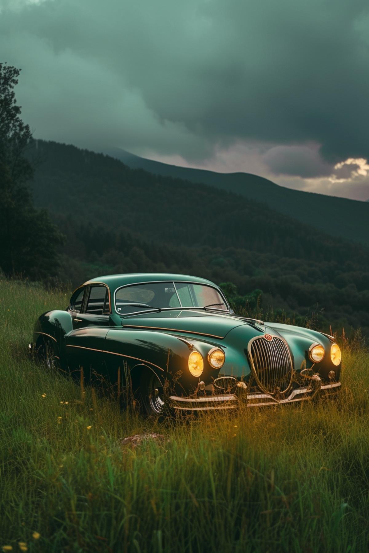 on a green hill stands a 1953 Jaguar car, dark green, gold trim, wide shot, neon