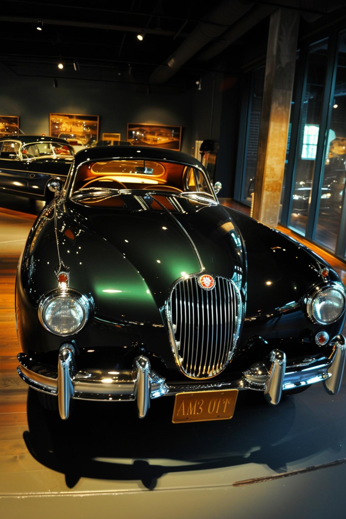 There is a 1953 Jaguar car in the showroom, dark green, gold trim, wide shot, neon