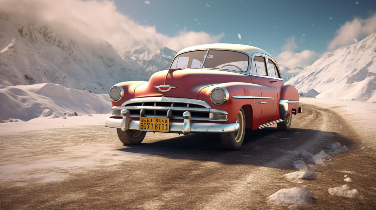 Chevrolet Bel Air 1950 car with the inscription \"Regenson\" instead of numbers on the snowy slope of Mount Ararat. Version: 6 raw style