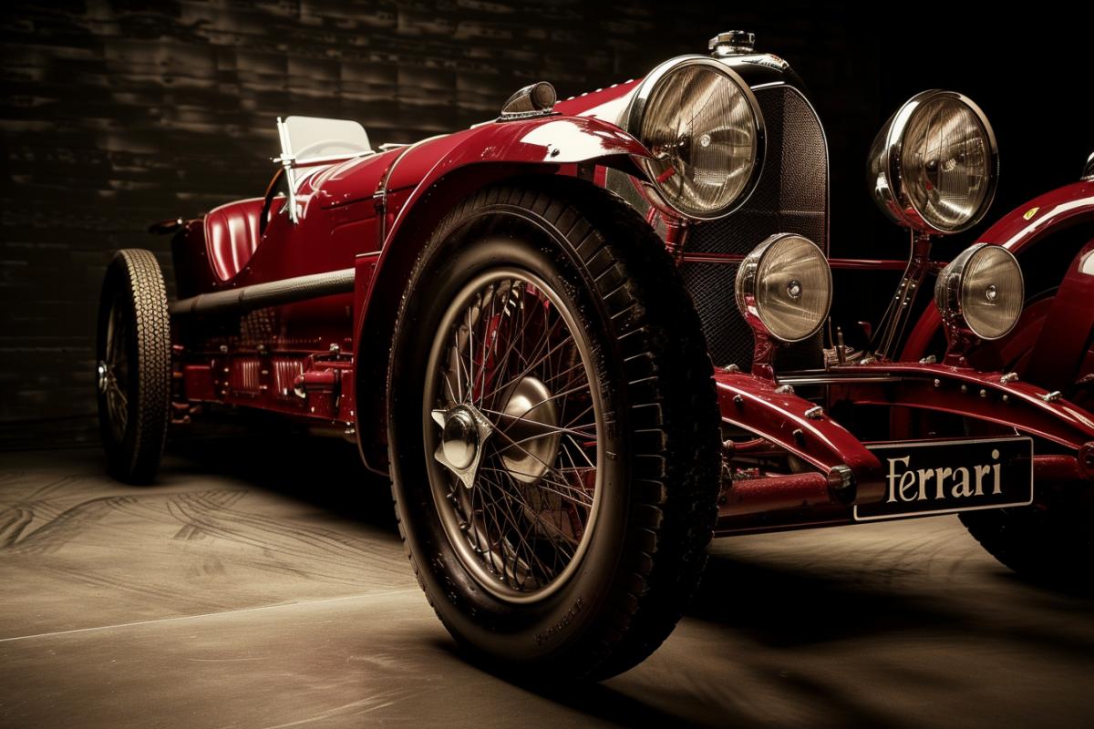 Advertising poster of 1920s retro Ferrari auto full size red gloss shine chrome details on dark velvet deep matte background scenic light low view perspective detailed photo title \"Ferrari\"