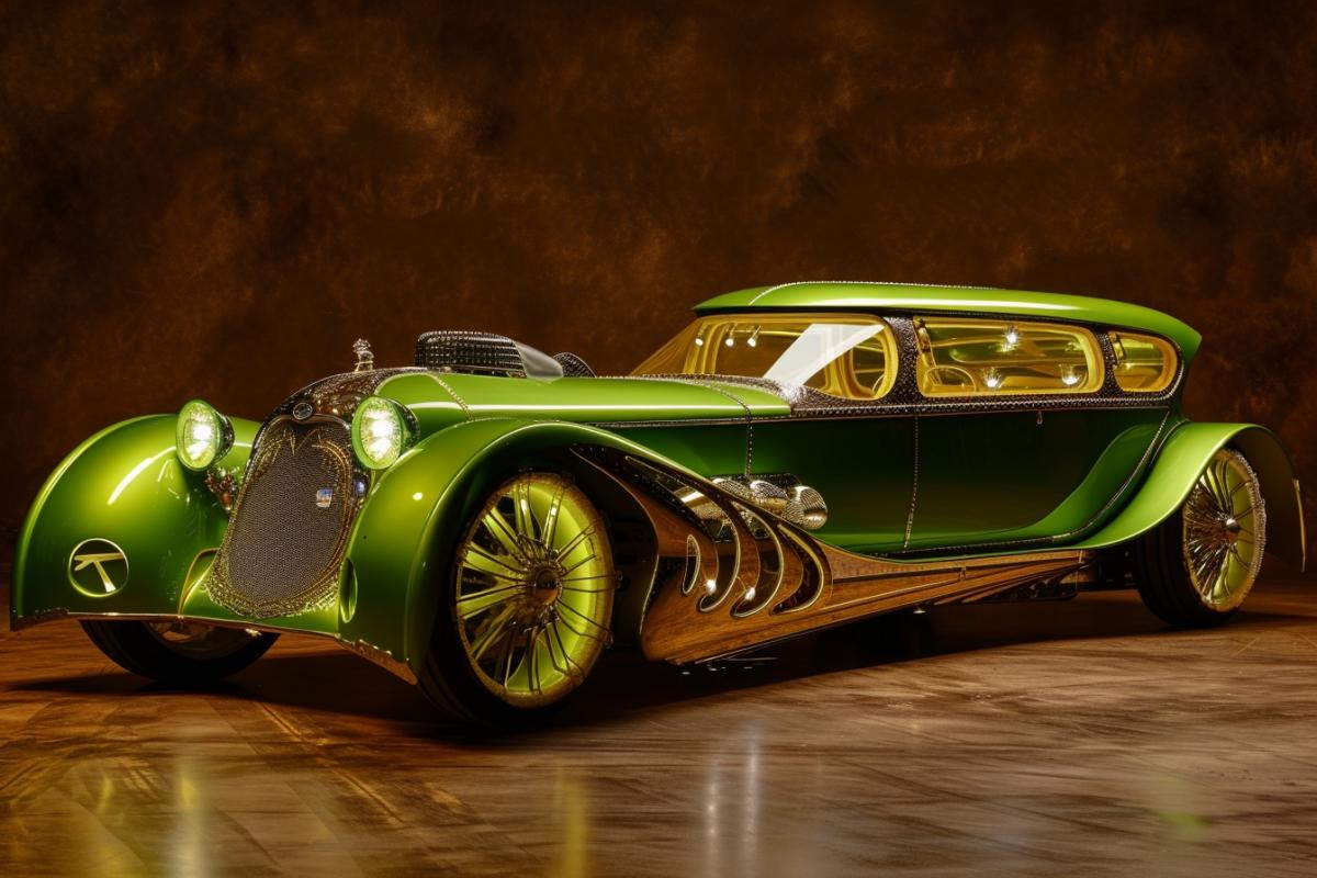 Retro 1920s futuristic full size concept car lime-green on brown velvet deep matte background low three-forth view high gloss shine chrome and gold details dark oak incrusted scenic light professional photo