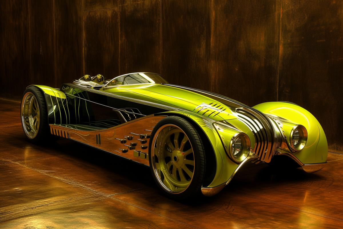 Retro 1920s futuristic full size concept car lime-green on brown velvet deep matte background low three-forth view high gloss shine chrome and gold details dark oak incrusted scenic light professional photo