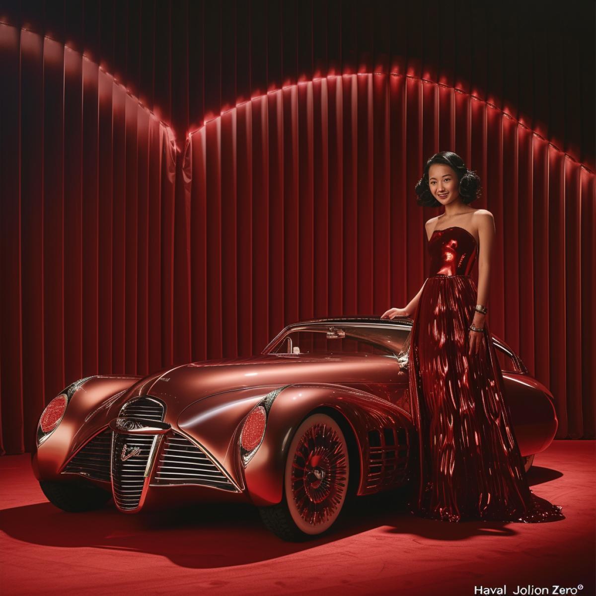 Young beautiful Asian 24-year-old girl model smiling standing near retro 1930s futuristic full size concept car cherry-red on red velvet deep matte background low three-forth view high gloss shine chrome details scenic light professional photo title \"Haval Jolion Zero\"