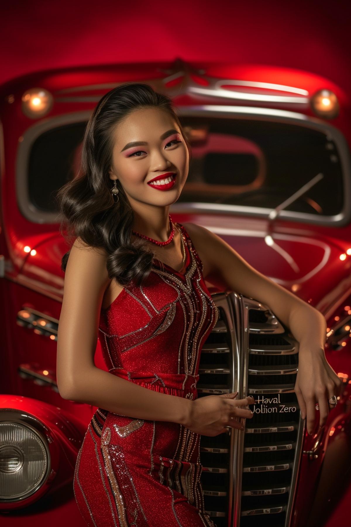 Young beautiful Asian 24-year-old girl model smiling standing near retro 1930s futuristic full size concept car cherry-red on red velvet deep matte background low three-forth view high gloss shine chrome details scenic light professional photo title \"Haval Jolion Zero\"