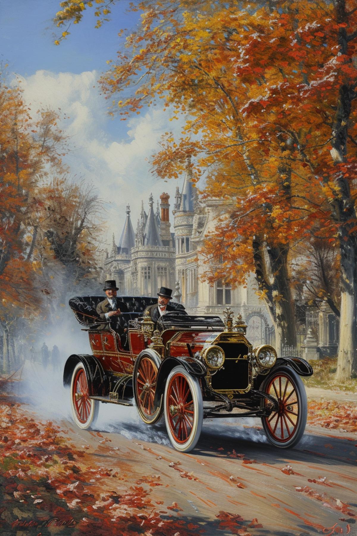 Victorian first motor auto dark high gloss high big wheels leather tent cabriolet driven by gentlemen smoking cost wearing high hat sunny day paving road oil canvas